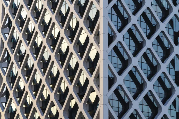 Zbliżenie na zewnętrzny diagrid Shenzhen Rural Commercial Bank