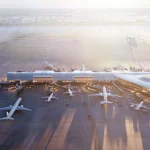 Widok z lotu ptaka na nowy satelitarny terminal na lotnisku O'Hare w Chicago.