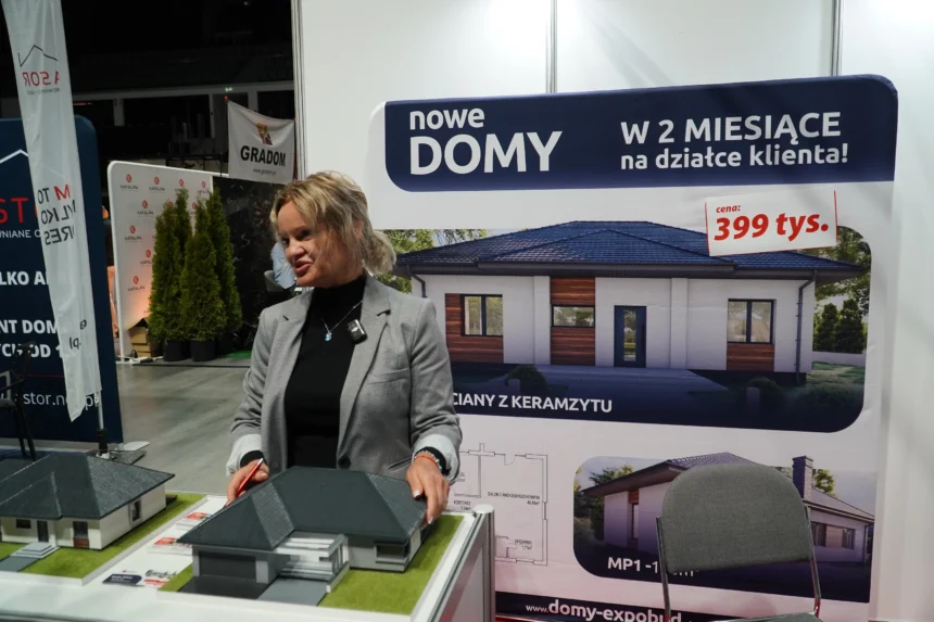 Anetta Mitros z firmy Expobud prezentuje projekty domów z keramzytu podczas Warmińsko-Mazurskich Targów Nieruchomości & Budowa Domu 2025 w Olsztynie.